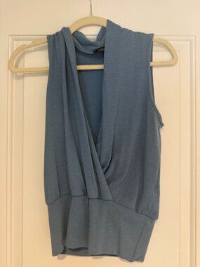 Blue Sleeveless Draped Cowl Neck Sweater Top Light by Abbeline